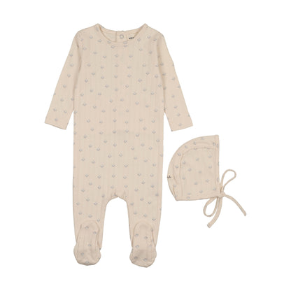 Printed pointelle footie + bonnet
