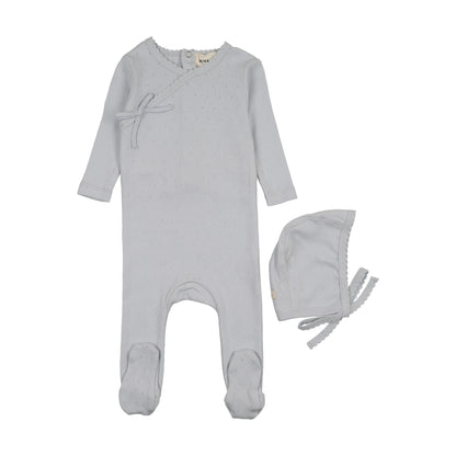 Pointelle scalloped edge footie + bonnet