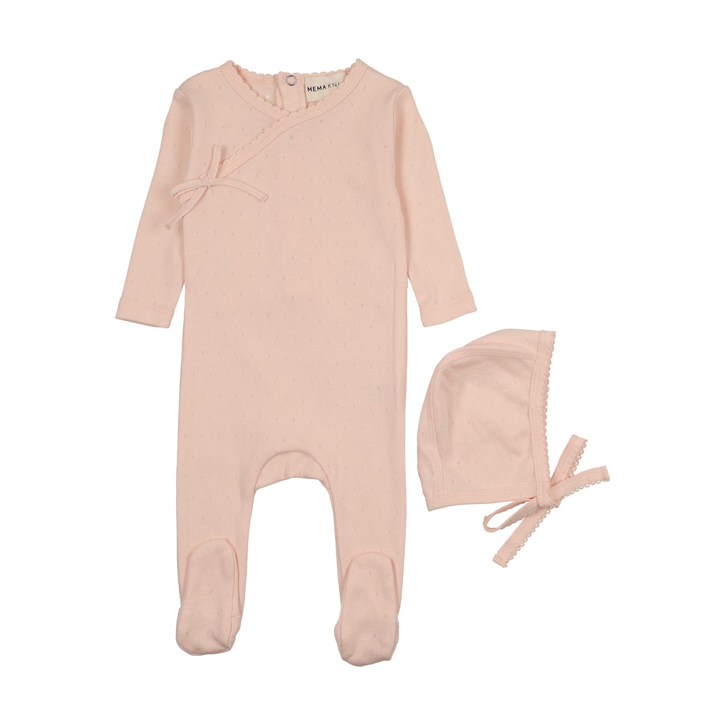 Pointelle scalloped edge footie + bonnet