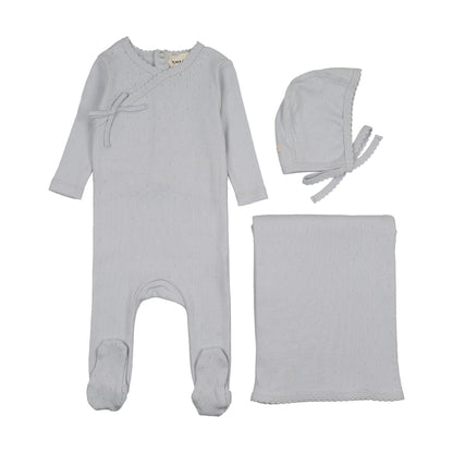 Pointelle scalloped edge three piece set