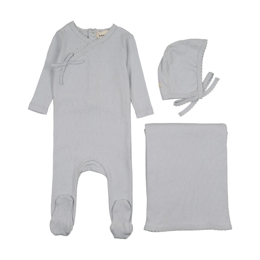 Pointelle scalloped edge three piece set