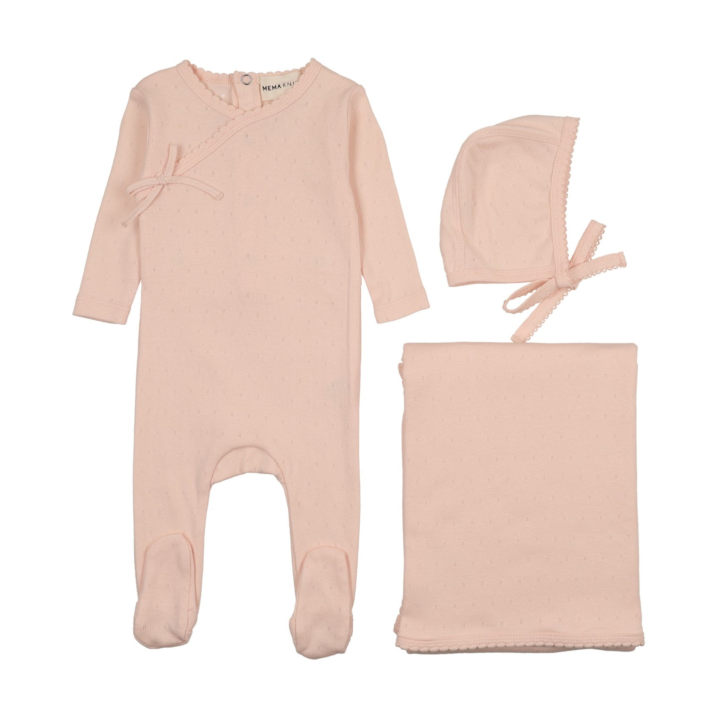 Pointelle scalloped edge three piece set