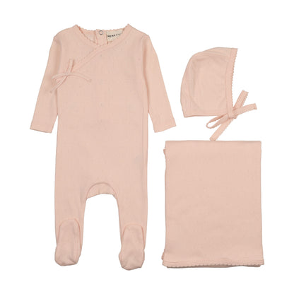 Pointelle scalloped edge three piece set