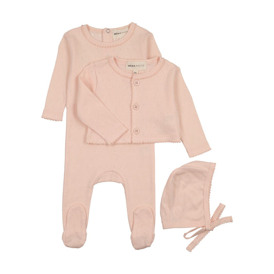 Pointelle footie and cardigan set + Bonnet