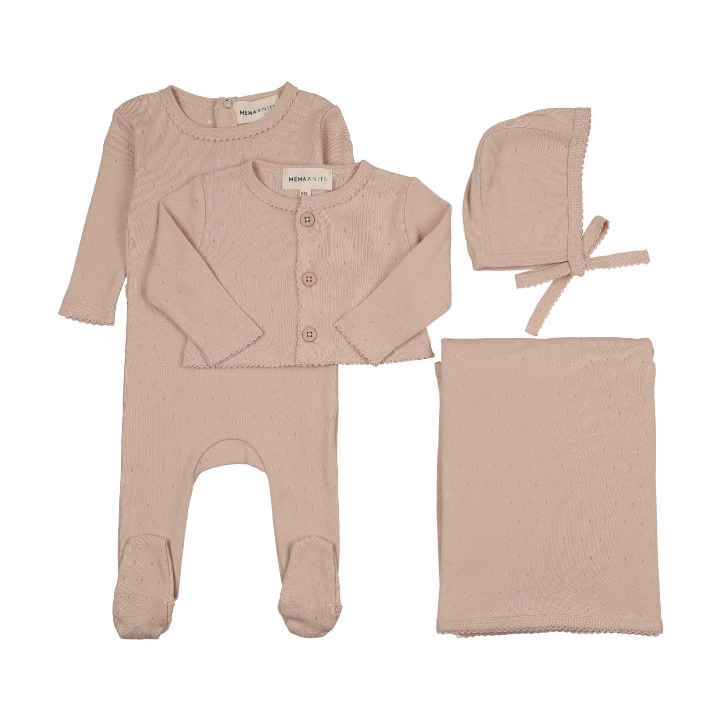 Pointelle footie and cardigan four piece set