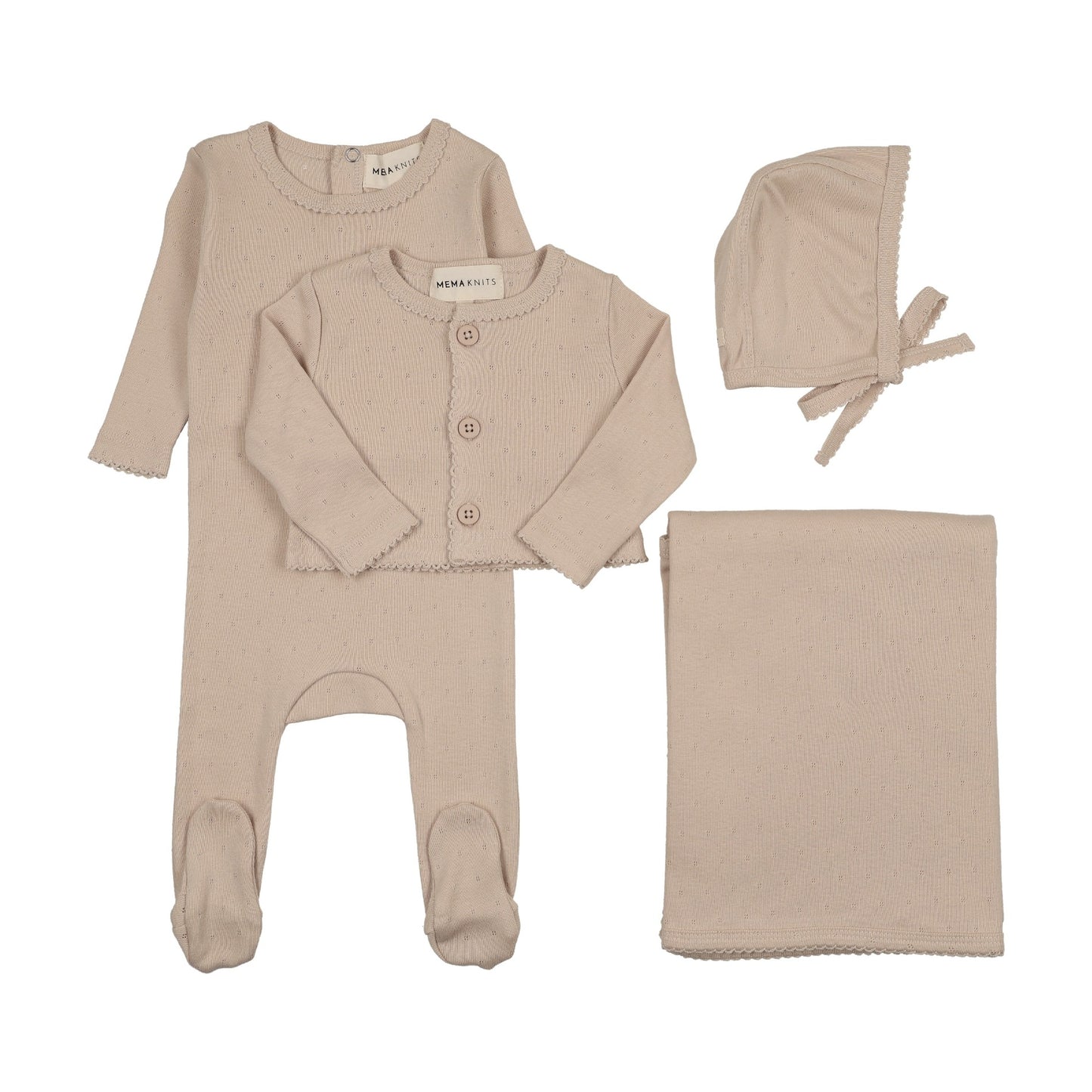 Pointelle footie and cardigan four piece set