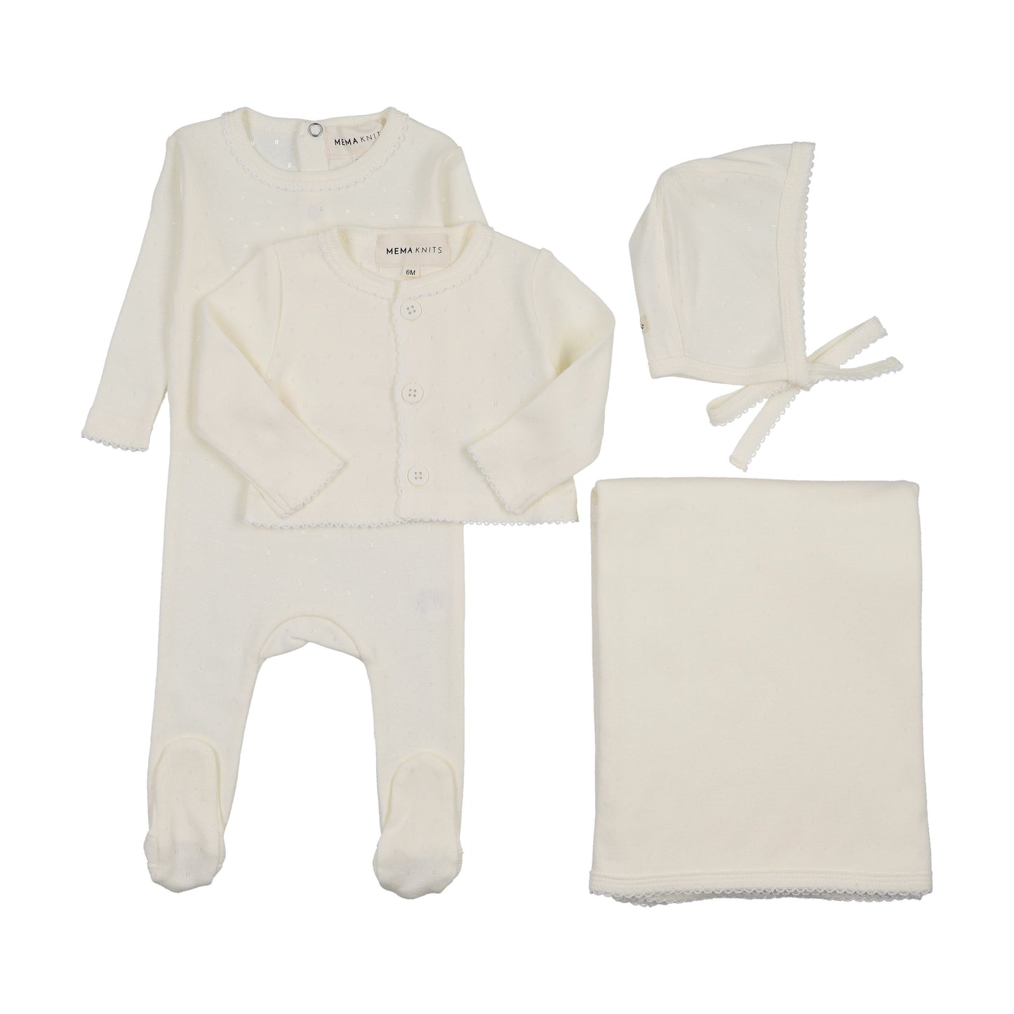 Pointelle footie and cardigan four piece set