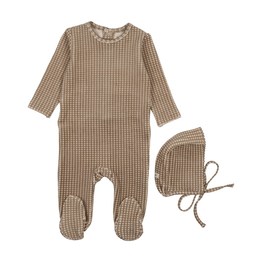 Velour gingham footie + bonnet