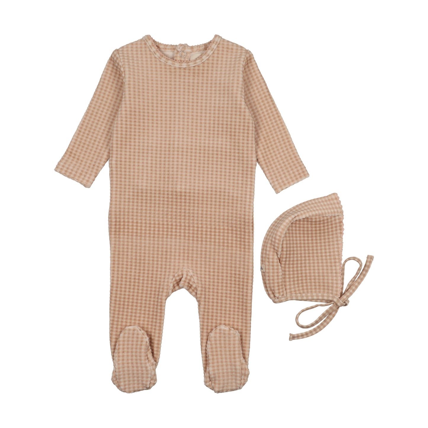 Velour gingham footie + bonnet