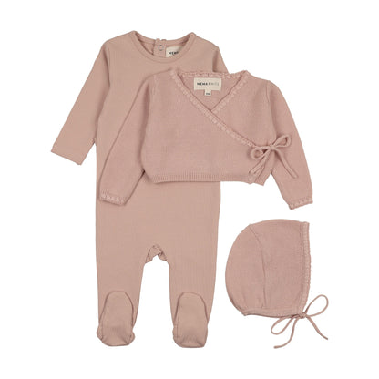 Embroidered edge knit sweater and bonnet + base footie