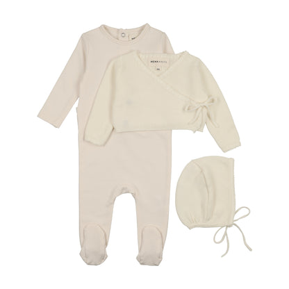 Embroidered edge knit sweater and bonnet + base footie