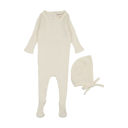 Pointelle knit footie + bonnet