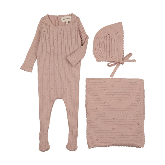 Pointelle knit three piece set