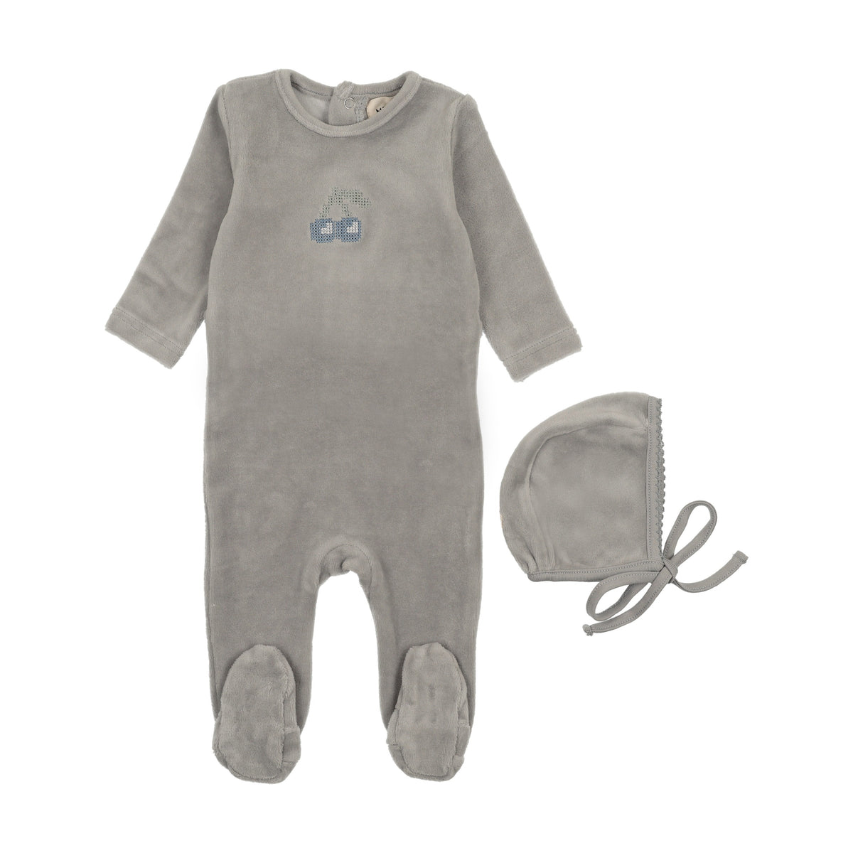 Velour Embroidered Cherry Footie + Bonnet (M449)-3