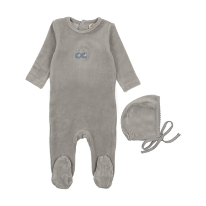 Velour Embroidered Cherry Footie + Bonnet (M449)