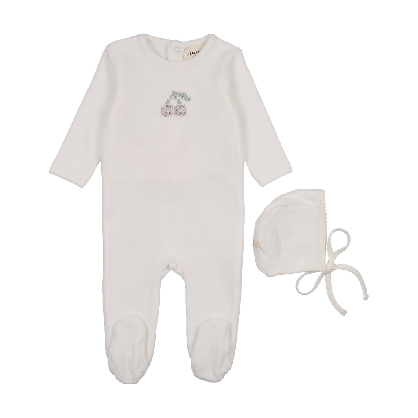 Velour Embroidered Cherry Footie + Bonnet (M449)