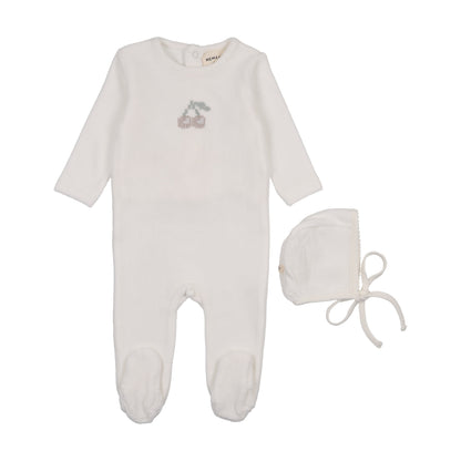 Velour Embroidered Cherry Footie + Bonnet (M449)