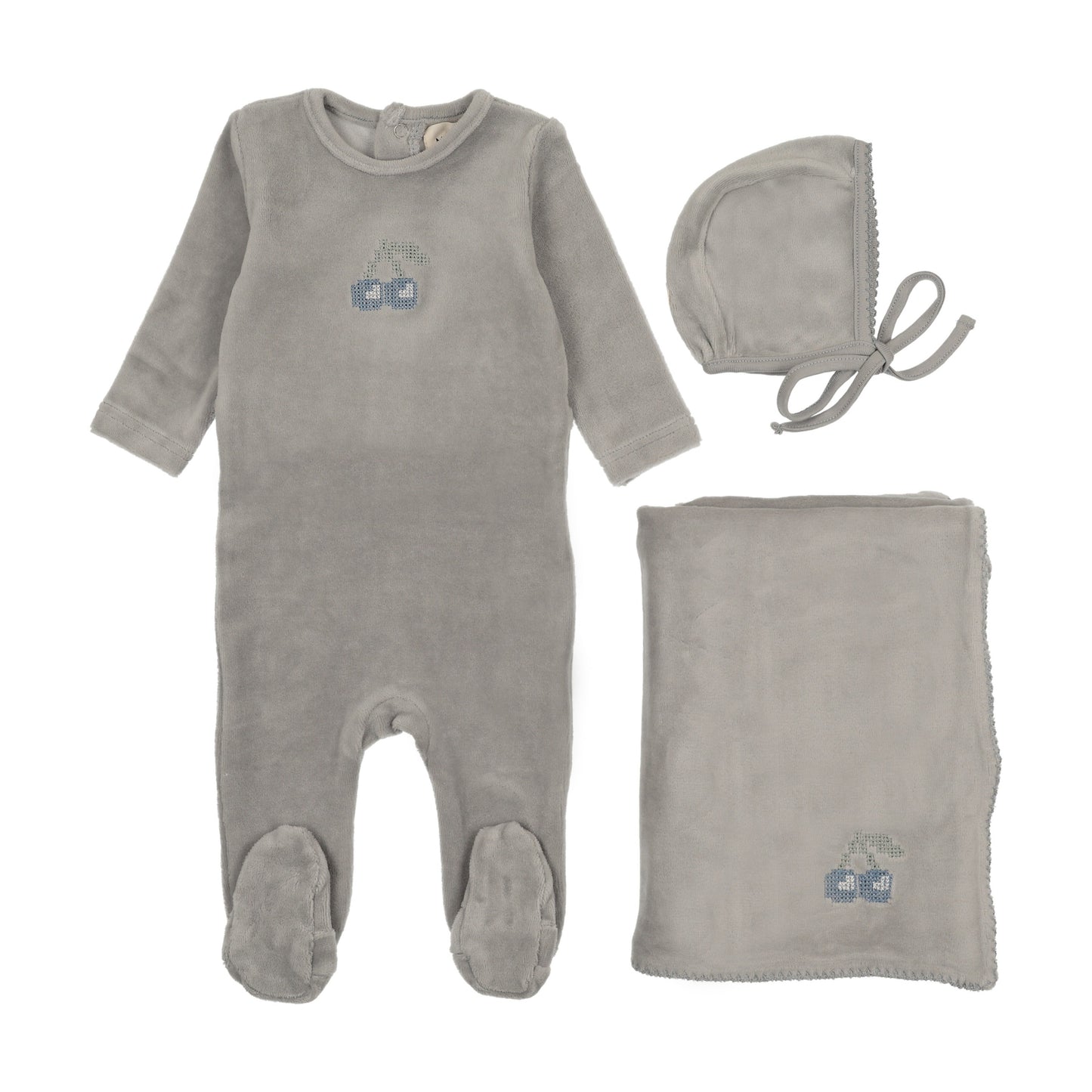 Velour Embroidered Cherry Footie + Bonnet (M449-3PC)
