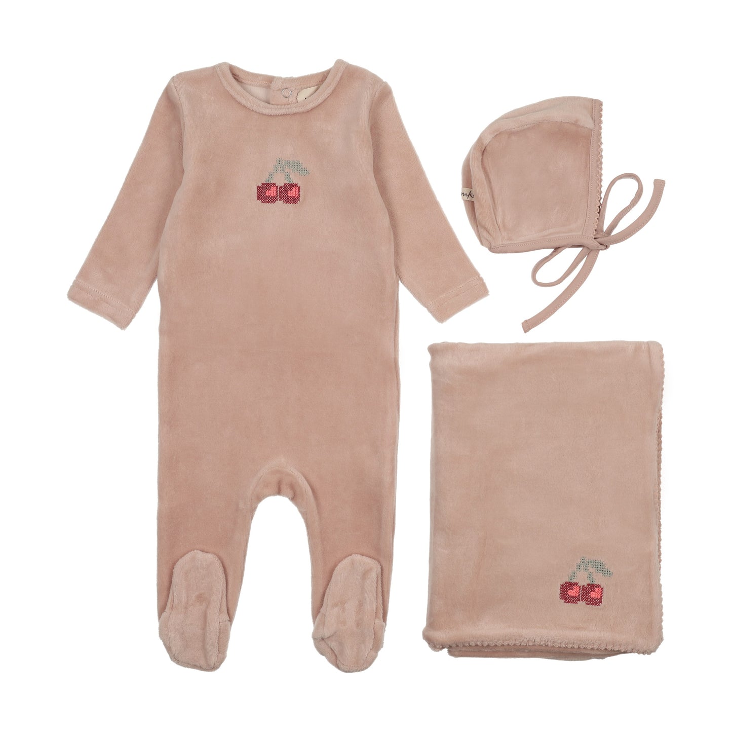 Velour Embroidered Cherry Footie + Bonnet (M449-3PC)