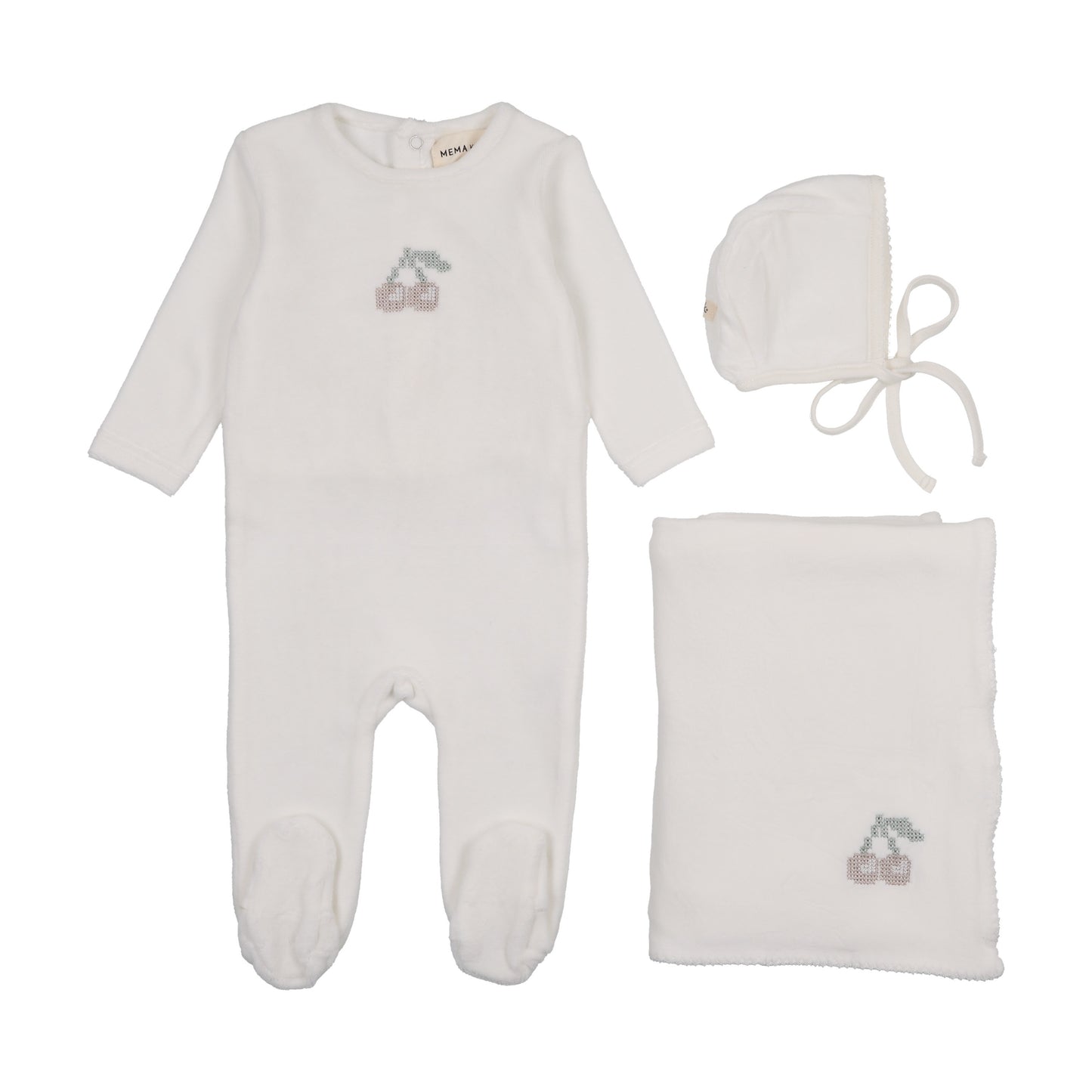 Velour Embroidered Cherry Footie + Bonnet (M449-3PC)