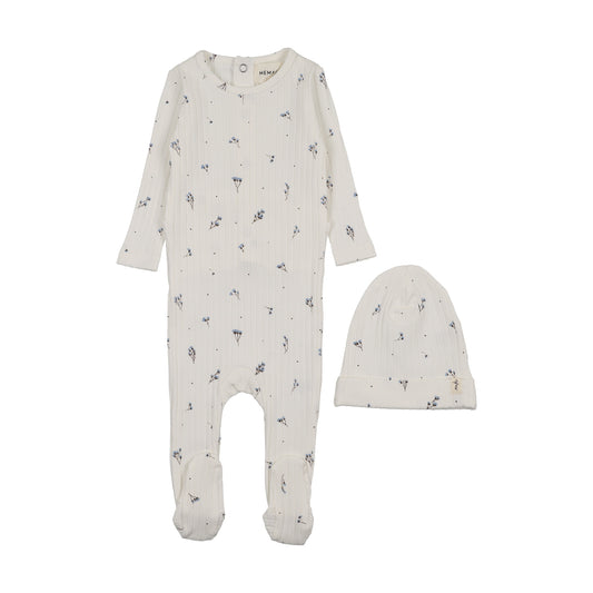 RIB FLORAL PRINT FOOTIE + BEANIE
