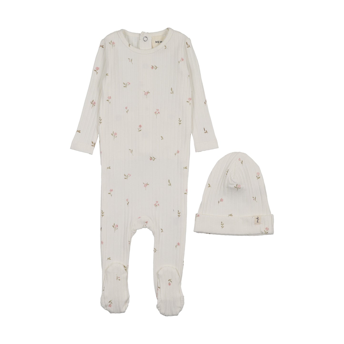 RIB FLORAL PRINT FOOTIE + BEANIE