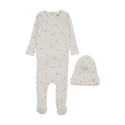 RIB FLORAL PRINT FOOTIE + BEANIE