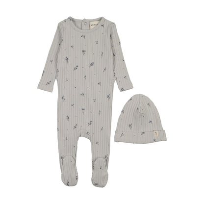 RIB FLORAL PRINT FOOTIE + BEANIE
