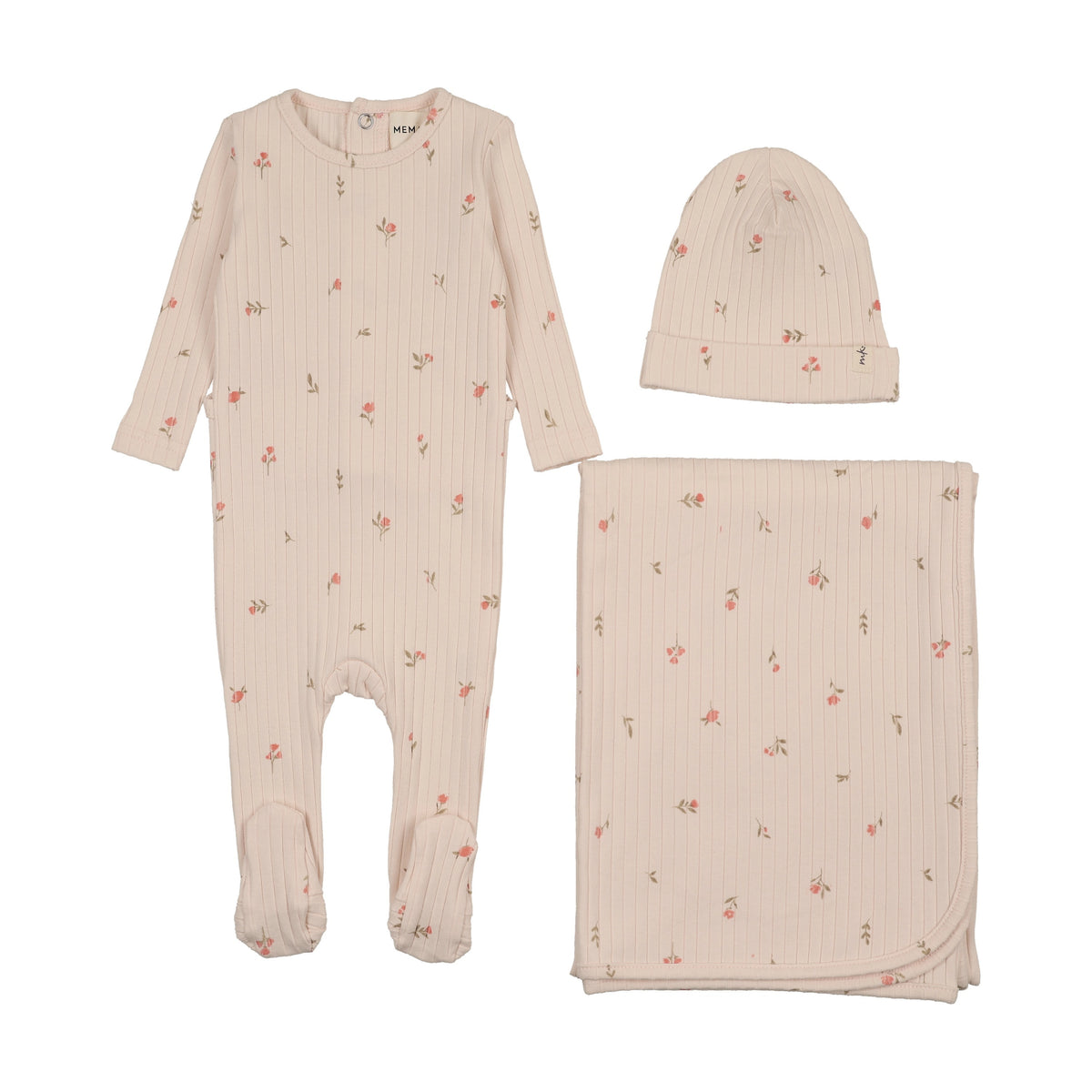 RIB FLORAL PRINT FOOTIE THREE PIECE SET-4