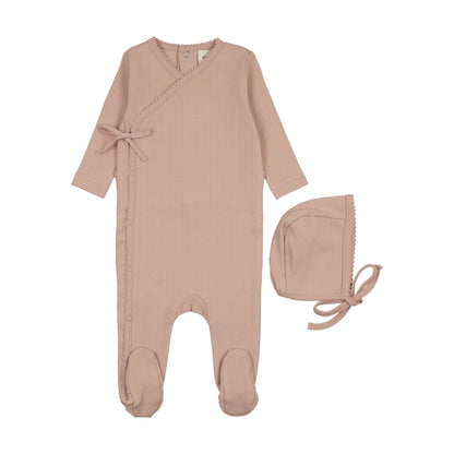 POINTELLE MOCK WRAP FOOTIE + BONNET
