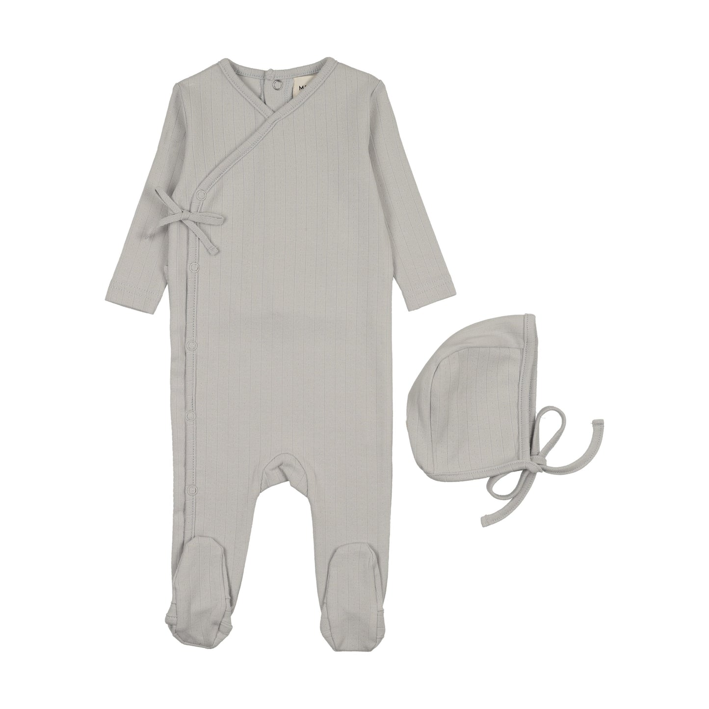 POINTELLE MOCK WRAP FOOTIE + BONNET