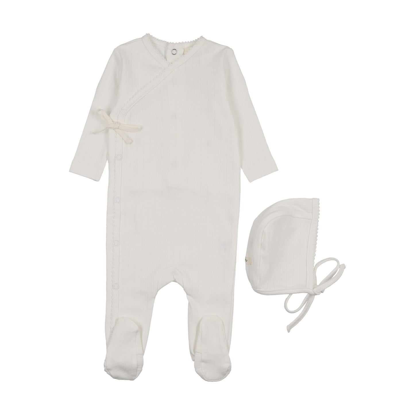 POINTELLE MOCK WRAP FOOTIE + BONNET
