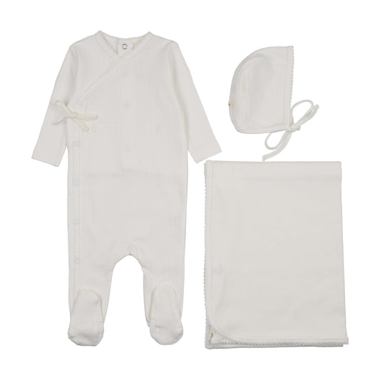POINTELLE MOCK WRAP FOOTIE THREE PIECE SET