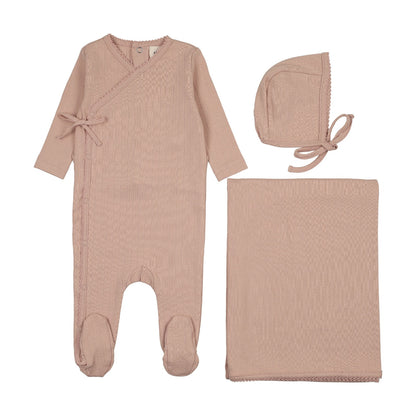 POINTELLE MOCK WRAP FOOTIE THREE PIECE SET