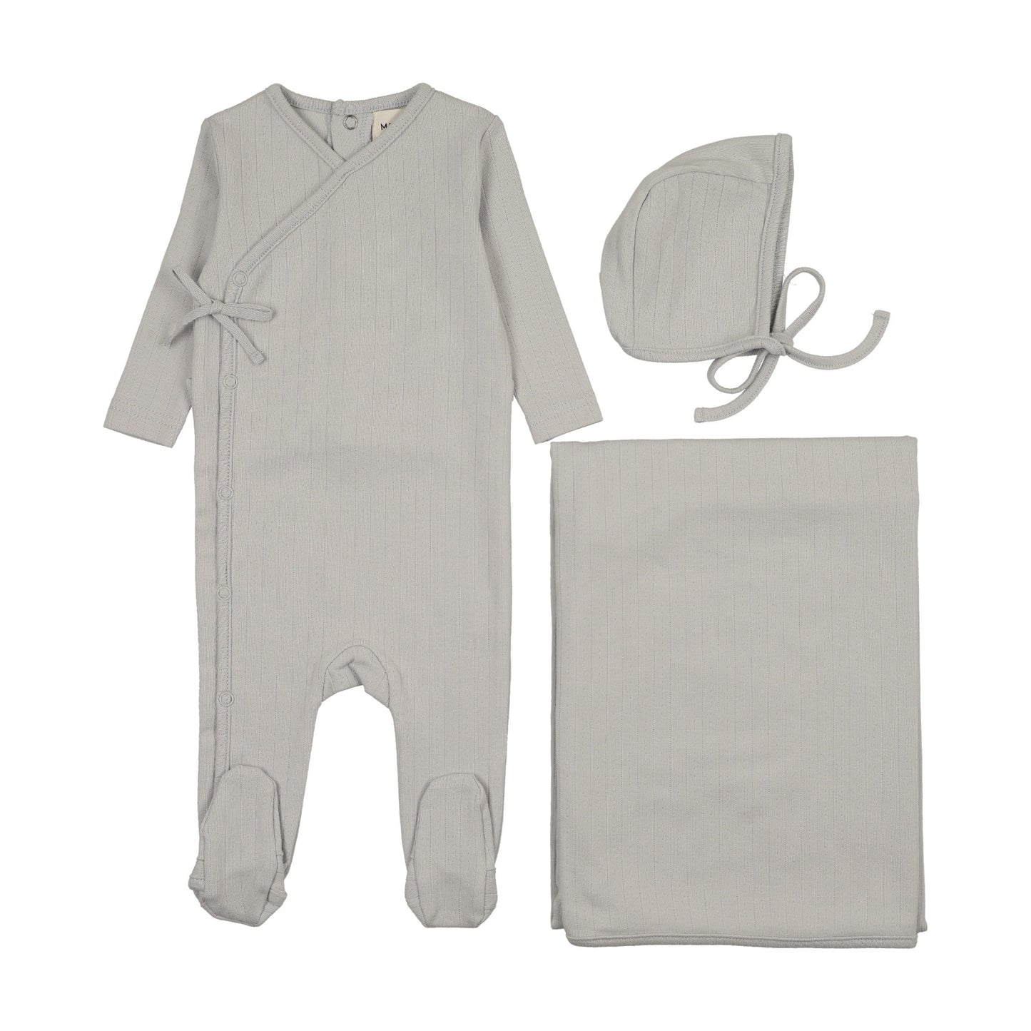 POINTELLE MOCK WRAP FOOTIE THREE PIECE SET