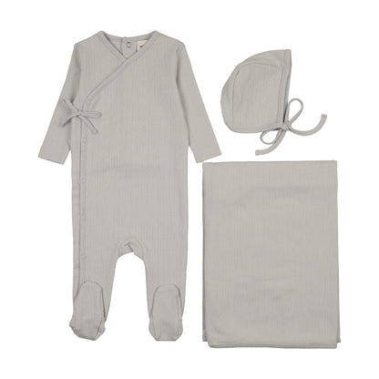 POINTELLE MOCK WRAP FOOTIE THREE PIECE SET