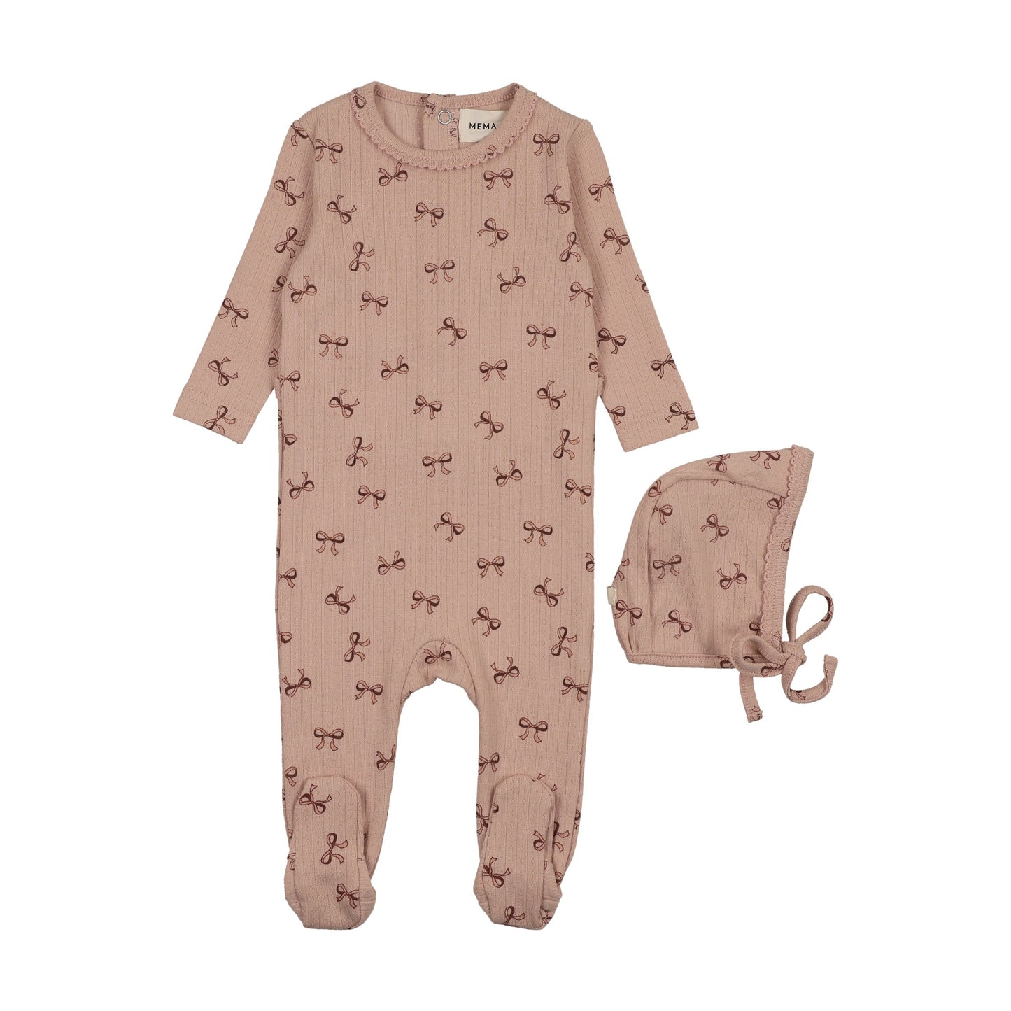 BOW PRINT POINTELLE FOOTIE + BONNET