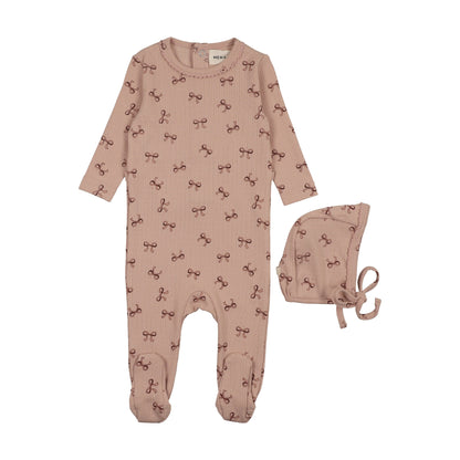 BOW PRINT POINTELLE FOOTIE + BONNET
