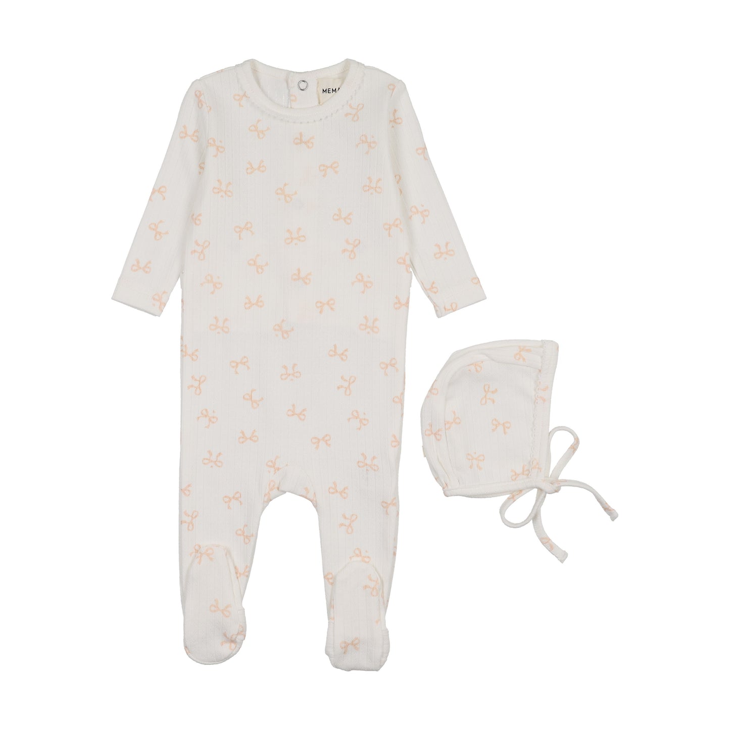 BOW PRINT POINTELLE FOOTIE + BONNET