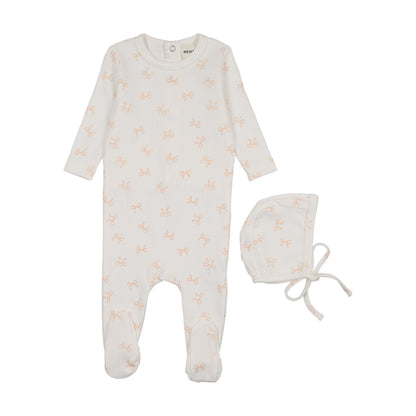 BOW PRINT POINTELLE FOOTIE + BONNET
