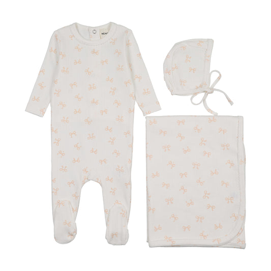 BOW PRINT POINTELLE FOOTIE THREE PIECE SET