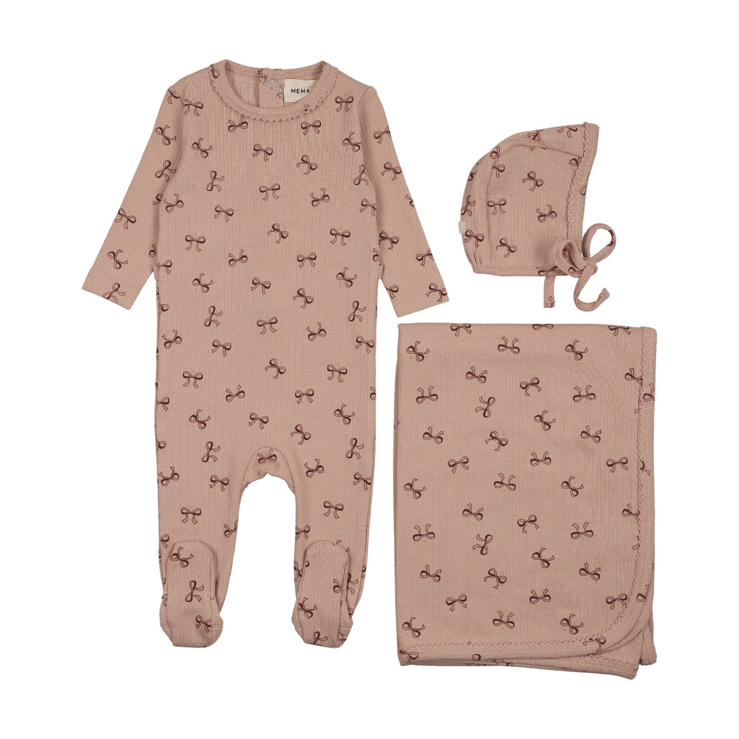 BOW PRINT POINTELLE FOOTIE THREE PIECE SET