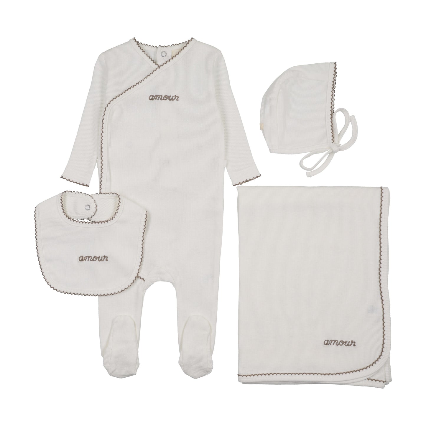 AMOUR EMBROIDERED FOOTIE FOUR PIECE SET