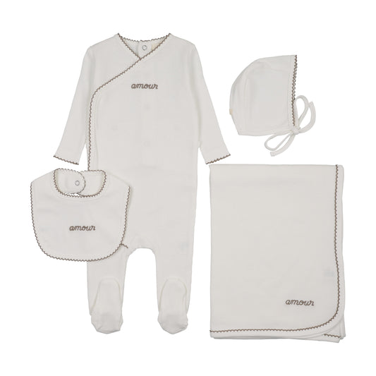 AMOUR EMBROIDERED FOOTIE FOUR PIECE SET
