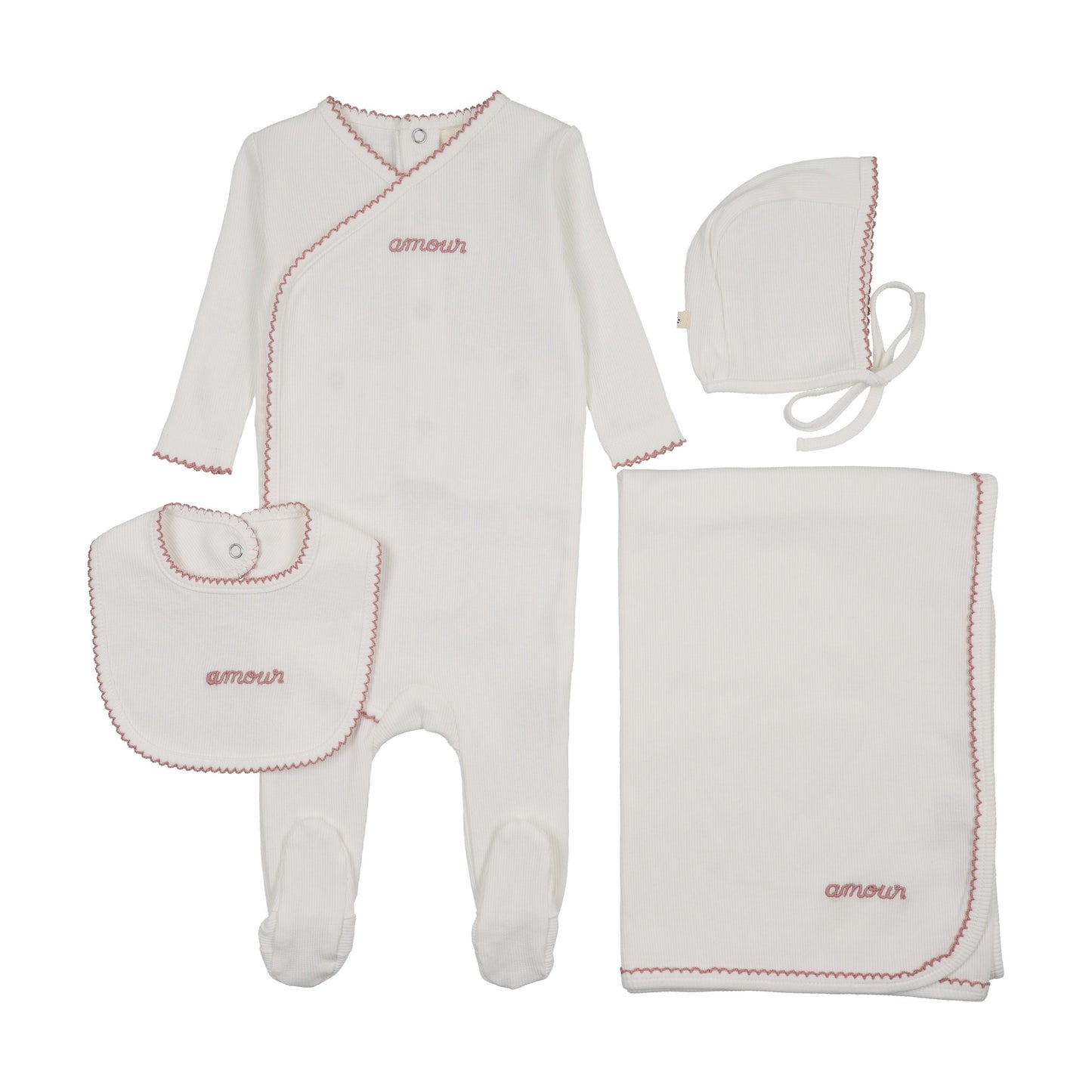 AMOUR EMBROIDERED FOOTIE FOUR PIECE SET