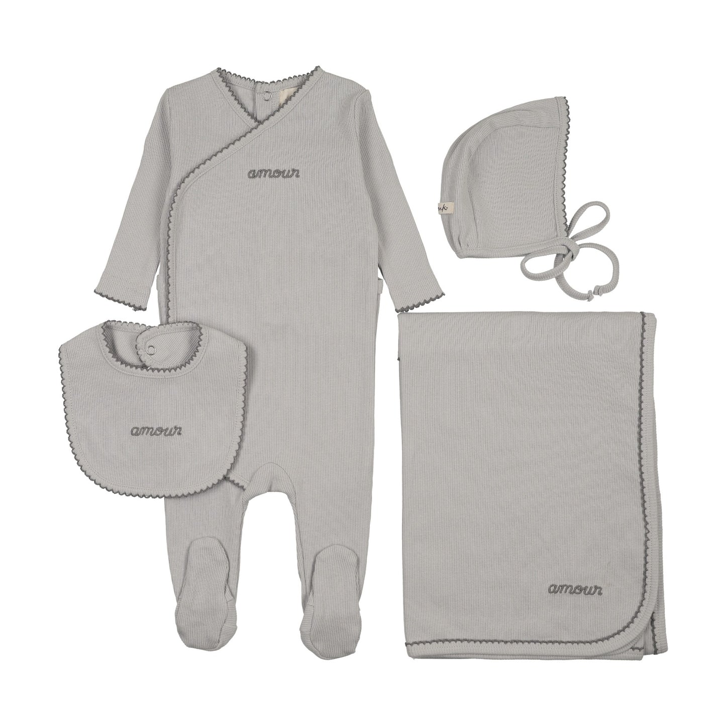 AMOUR EMBROIDERED FOOTIE FOUR PIECE SET