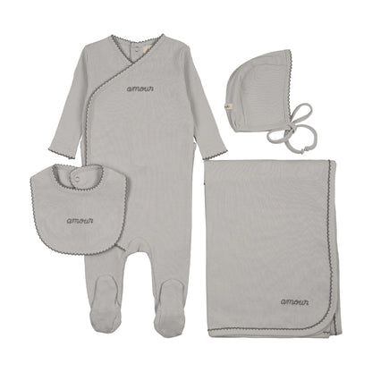 AMOUR EMBROIDERED FOOTIE FOUR PIECE SET