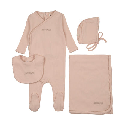 AMOUR EMBROIDERED FOOTIE FOUR PIECE SET