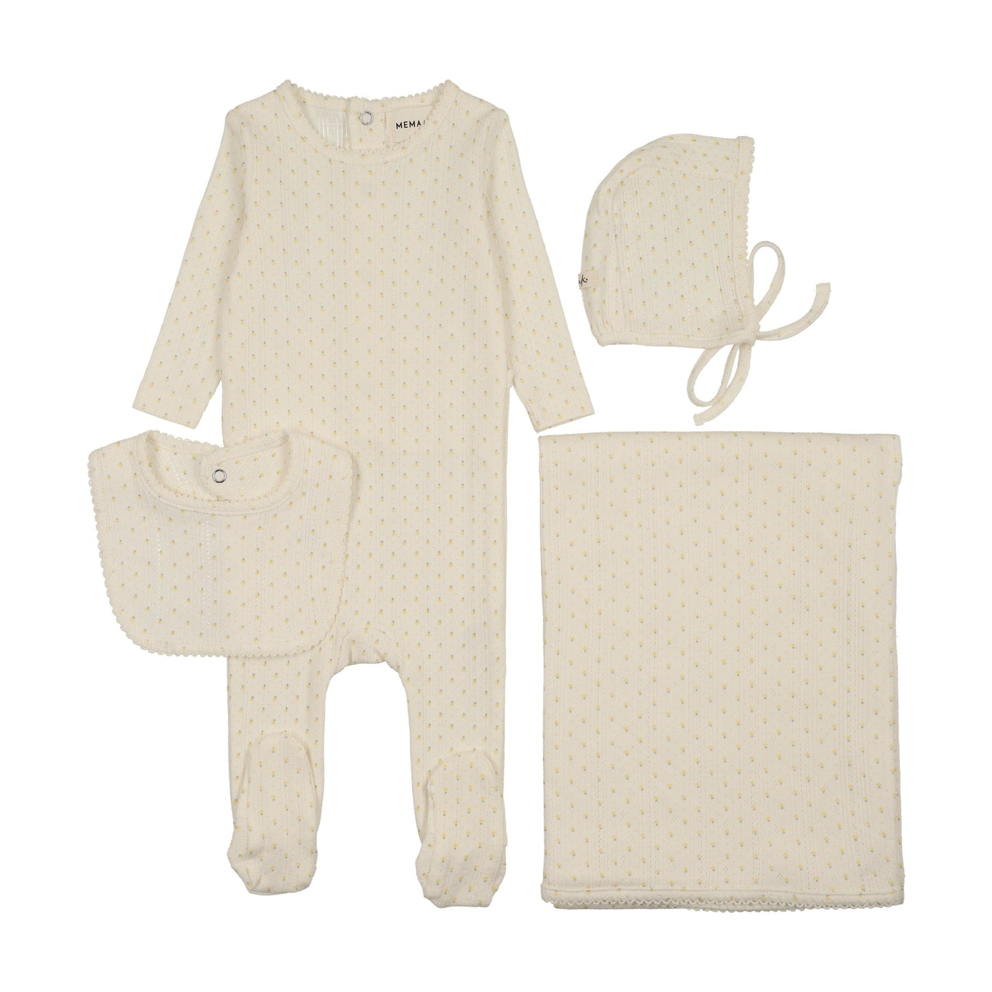 POINTELLE TULIP PRINT FOOTIE + BIB FOUR PIECE SET