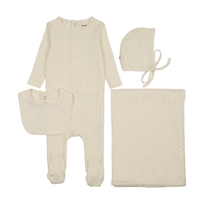 POINTELLE TULIP PRINT FOOTIE + BIB FOUR PIECE SET